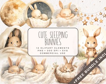 Cute Sleeping Bunnies Clipart, Watercolor Bunny Graphics in PNG and SVG, Digital Boho Stars and Moon Illustrations for Baby Shower