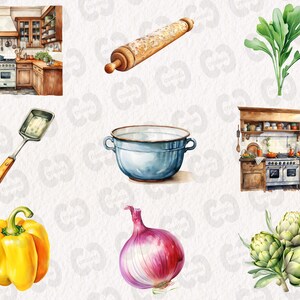 May include: A watercolor illustration of kitchen items, including a rolling pin, a blue bowl, a yellow pepper, a red onion, a green artichoke, a spatula, and a vintage kitchen with a stove and cabinets.