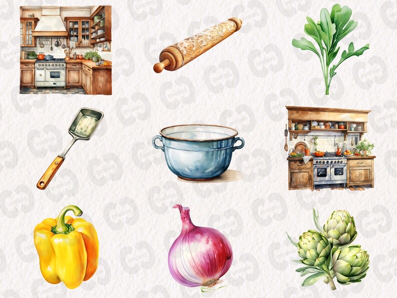 May include: A watercolor illustration of kitchen items, including a rolling pin, a blue bowl, a yellow pepper, a red onion, a green artichoke, a spatula, and a vintage kitchen with a stove and cabinets.