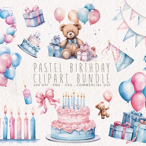 Pastell Geburtstag Clipart Bundle, Aquarell Geburtstagsparty Clip Art, niedlicher Geburtstag PNG, alles Gute zum Geburtstag SVG, Geburtstag Grafiken