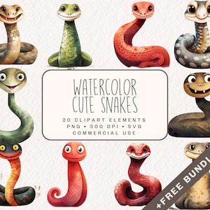 Clipart de cobras fofas em aquarela, gráficos de animais de safari em PNG e SVG, ilustrações de berçário para uso comercial, kit de diário de lixo