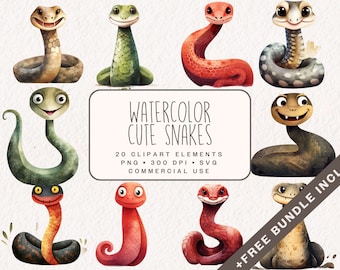 Watercolor Cute Snakes Clipart, Safari Animals Graphics in PNG and SVG, Nursery Illustrations for commercial use, Junk Journal Kit