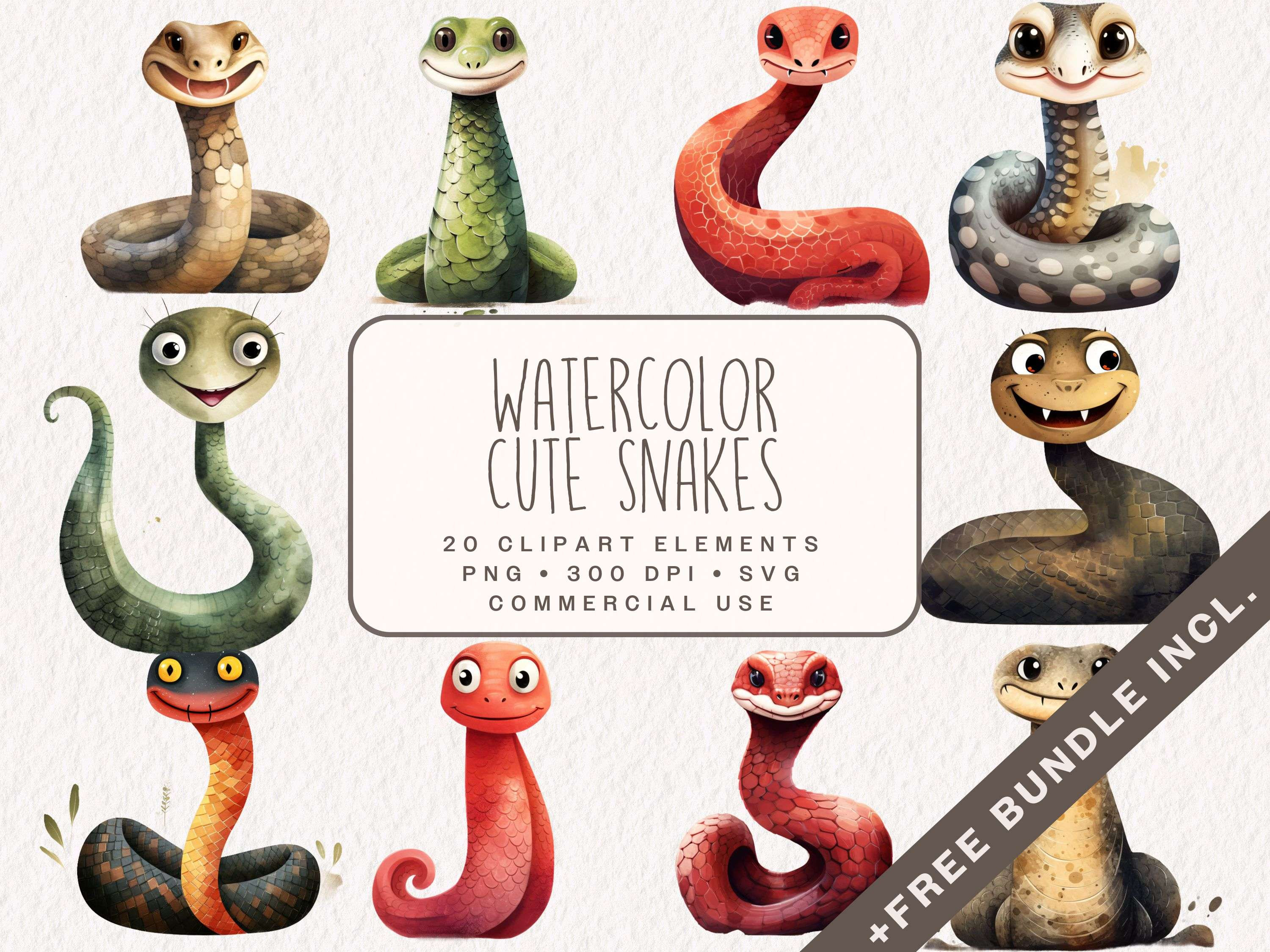 Watercolor Cute Snakes Clipart, Safari Animals Graphics in PNG and SVG ...