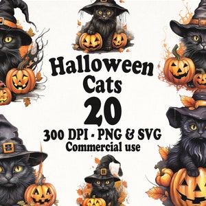 Imágenes Prediseñadas de gato negro de Halloween, gato de Halloween con sombrero, imágenes prediseñadas de gato de acuarela, Halloween espeluznante, álbum de recortes, artesanías de papel, PNG y SVG, digital