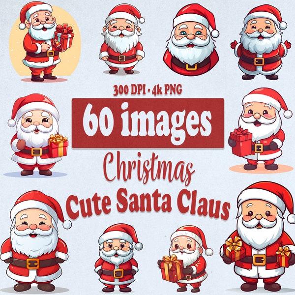 Cute Santa Claus Clipart, Cartoon Santa Claus PNG Bundle for Christmas Cards and Crafts, Digital Download, Xmas Kawaii Sublimation Design