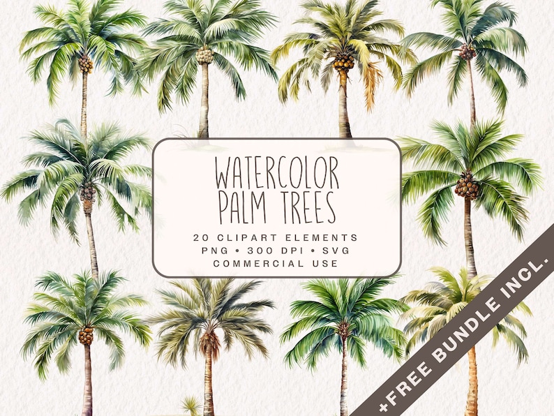 May include: A set of 20 watercolor palm tree clipart elements. The trees are painted in shades of green and brown. The text on the image reads "Watercolor Palm Trees", "20 Clipart Elements", "PNG 300 DPI SVG", and "Commercial Use".