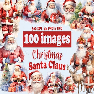 Pacote de clipart de Papai Noel em aquarela, 100 clipart de Papai Noel de Natal com renas, presentes de árvore de Natal PNG e SVG para uso comercial de feriados