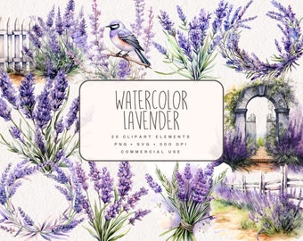 Watercolor Lavender Clipart Bundle, Purple Garden Graphics, Floral Wreaths Illustrations in PNG and SVG Format for commercial use