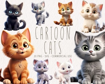 Cute Cat Clipart Bundle, clip art Ensemble de 20 PNG de haute qualité, Happy Cats, Cartoon Cat PNG & SVG, Téléchargement instantané, Utilisation commerciale