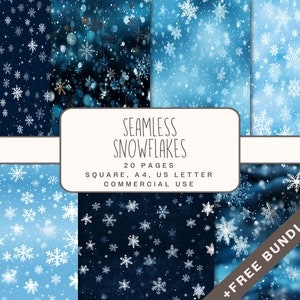 May include: A digital paper pack with 20 seamless snowflake patterns in blue and white. The patterns are in square, A4, and US letter sizes. The text "SEAMLESS SNOWFLAKES 20 PAGES SQUARE, A4, US LETTER COMMERCIAL USE" is on the image. The text "FREE BUNDLE INCL." is on the image.