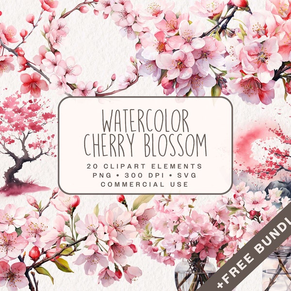 Watercolor Cherry Blossom Bundle, Pink Flower Graphics in PNG and SVG, Digital Floral Illustrations for commercial use