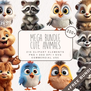 Süße Tiere Mega Clipart Bundle, Cartoon Waschbär, Highland Kuh, Pfau, Vogel, Igel, Hirsch, Hase Grafiken in PNG und SVG
