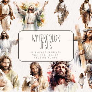 Paquete de imágenes prediseñadas de Jesús en acuarela, gráficos religiosos en PNG y SVG, ilustraciones digitales de paisajes bíblicos para uso comercial