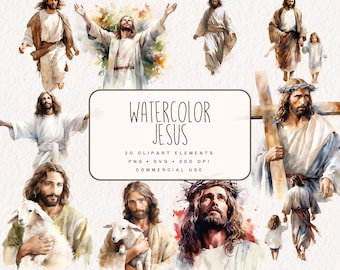 Watercolor Jesus Clipart Bundle, Religious Graphics in PNG and SVG, Digital Bible Scenery Illustrations for commercial Use