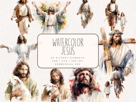 Watercolor Jesus Clipart Bundle, Religious Graphics in PNG and SVG, Digital Bible Scenery Illustrations for commercial Use