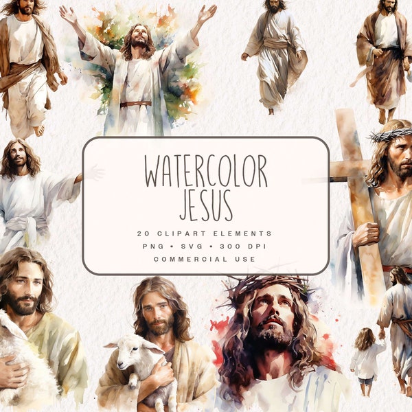 Watercolor Jesus Clipart Bundle, Religious Graphics in PNG and SVG, Digital Bible Scenery Illustrations for commercial Use