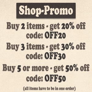 May include: A graphic with a shop promo offering discounts on purchases of 2, 3, or 5 or more items. The text reads "Shop-Promo" and includes discount codes: OFF20, OFF30, and OFF50. The text also states "(all items have to be in one order)".