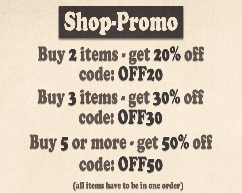 May include: A graphic with a shop promo offering discounts on purchases of 2, 3, or 5 or more items. The text reads "Shop-Promo" and includes discount codes: OFF20, OFF30, and OFF50. The text also states "(all items have to be in one order)".
