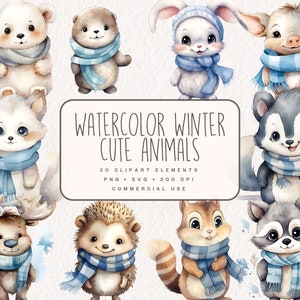 Imágenes prediseñadas de animales lindos de invierno, acuarela azul niños felices animales bebés ilustraciones de oso, ratón, gráficos digitales de invierno para uso comercial
