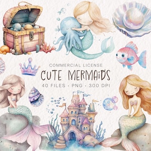 Aquarelle mignon sirène Clipart, sirènes PNG, clipart bébé sirène pastel, Shower de bébé sirène, clipart vie marine, usage Commercial