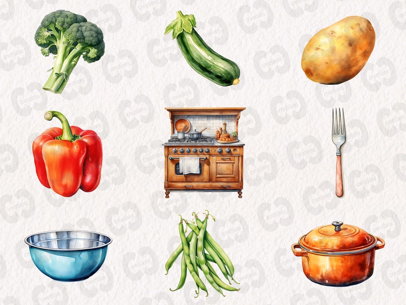 May include: A watercolor illustration of kitchen items, including a red bell pepper, a green broccoli, a zucchini, a potato, a blue bowl, a pot, a fork, a stove, and green beans.