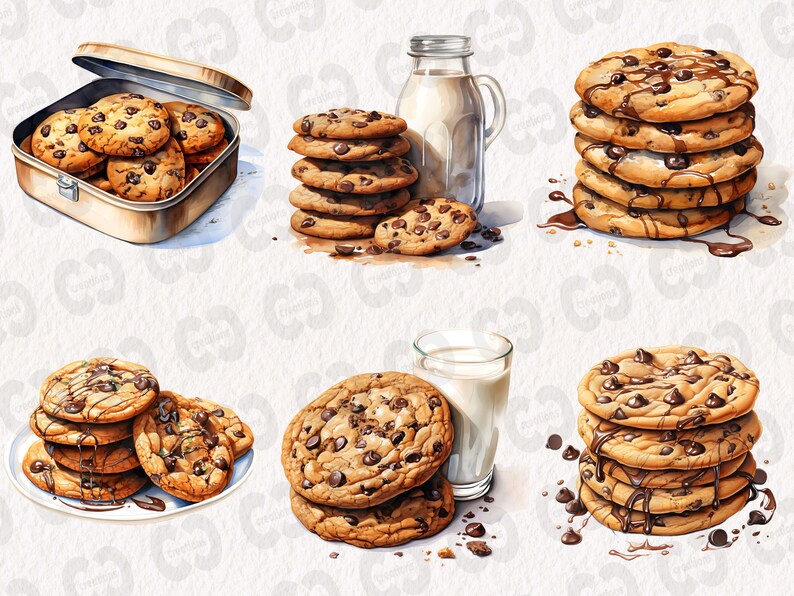 Chocolate Chip Cookies Clipart Watercolor Food Graphics - Etsy
