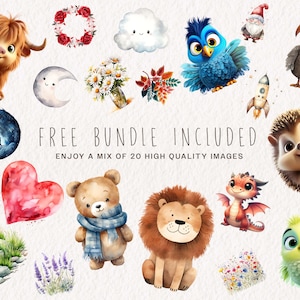 May include: A collection of 20 high-quality images featuring cute cartoon animals, plants, and other whimsical illustrations. The images include a red heart, a blue bird, a brown bear, a lion, a hedgehog, a dragon, a rocket, a cloud, a moon, a wreath, a gnome, a lavender bush, a rock pile, a bouquet of flowers, and a green bird.