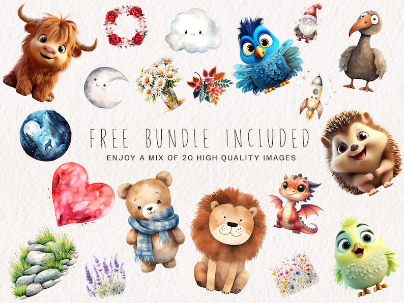 May include: A collection of 20 high-quality images featuring cute cartoon animals, plants, and other whimsical illustrations. The images include a red heart, a blue bird, a brown bear, a lion, a hedgehog, a dragon, a rocket, a cloud, a moon, a wreath, a gnome, a lavender bush, a rock pile, a bouquet of flowers, and a green bird.