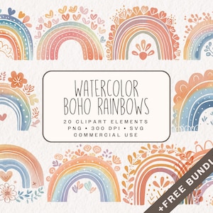 Aquarell Boho Regenbögen Clipart Bundle, Pastell Regenbogen SVG, süße Boho Grafiken im PNG-Format, Regenbogen Baby SVG für den kommerziellen Gebrauch