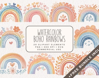 Watercolor Boho Rainbows Clipart Bundle, Pastel Rainbow SVG, Cute Boho Graphics in PNG Format, Rainbow baby SVG for commercial use