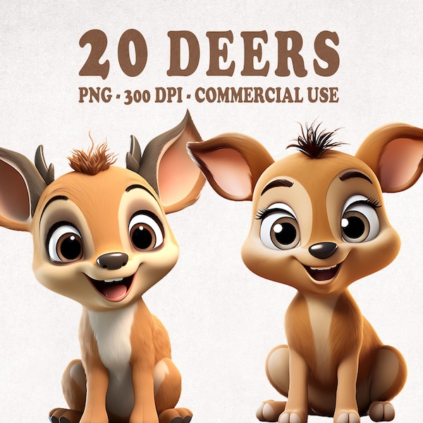 Cute Deer Clipart Bundle, clip art Set of 20 High Quality PNGs, Happy Deers, Deer PNG, Instant Download, Commercial use