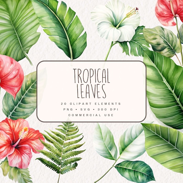 Watercolor Tropical Leaves Clipart, Jungle Graphics in PNG and SVG, Digital Tropical Flower Leaf Illustrations for commercial use