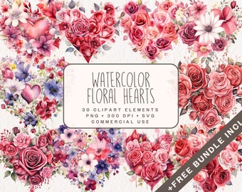 Pink Floral Hearts Clipart, Cute Valentine Graphics in PNG and SVG, Digital Rose Flower Illustrations for commercial use