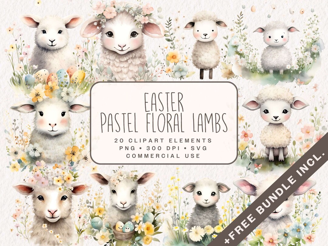 Easter Pastel Floral Lambs Clipart Bundle, Baby Sheep PNG, Flowering ...