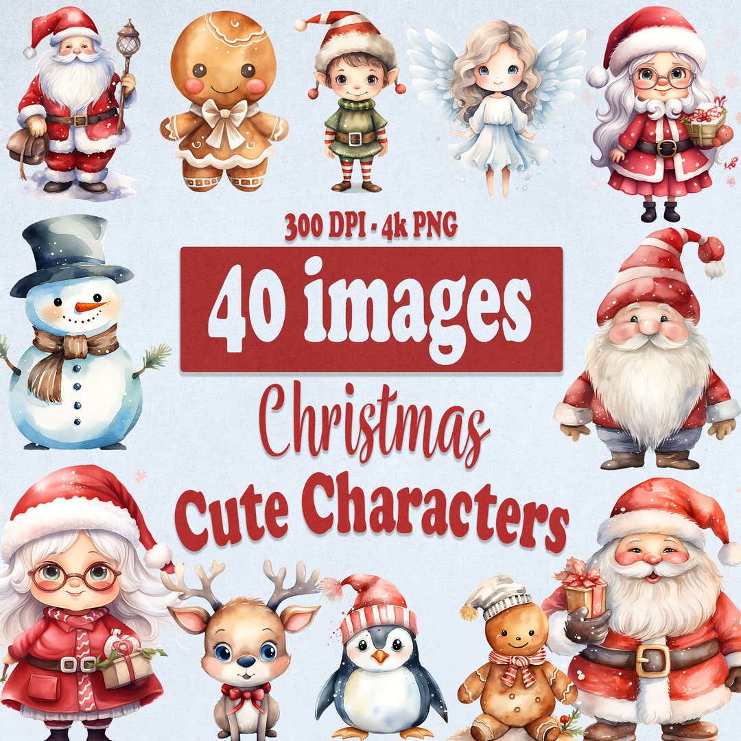 Cute Christmas Characters Clipart, Watercolor Xmas Clip Art PNG Bundle