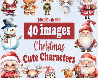 Cute Christmas Characters Clipart, Watercolor Xmas clip art PNG Bundle, Santa Claus, Reindeer, Snowman, Elf, Gingerbread for Commercial Use