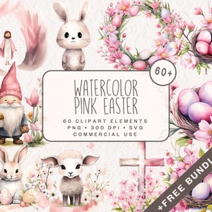 Aquarell Rosa Ostern Clipart Bundle, süße Oster Grafiken PNG & SVG Bundle, blühender Hase, Jesus, Eier, Kaninchen, Lamm, Kranz Küken Gnom