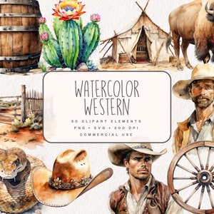 Aquarell Western Clipart Bundle, Cowboy Hut Pferd Revolver Grafiken, Native Texas Ranch Kaktus Illustrationen im PNG- und SVG-Format