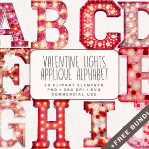 Paquete de imágenes prediseñadas del alfabeto de apliques de luces de San Valentín, lindas letras rosas del día de San Valentín para la fabricación de tarjetas, diario basura para uso comercial
