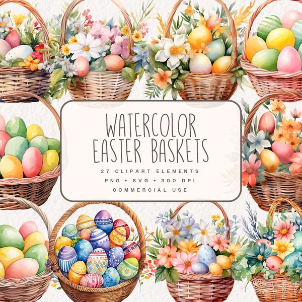 Watercolor Easter Baskets Clipart, Cute Easter Graphics in PNG and SVG, Digital Flower Easter Egg Illustrations for Commercial Use