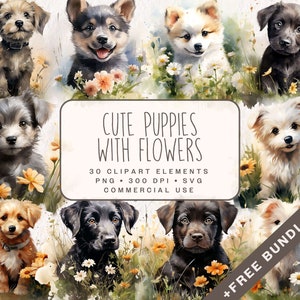 Floral niedliche Welpen Clipart, entzückende Hunde mit Blumen Grafiken in PNG und SVG, Blumen Illustrationen für kommerzielle Nutzung