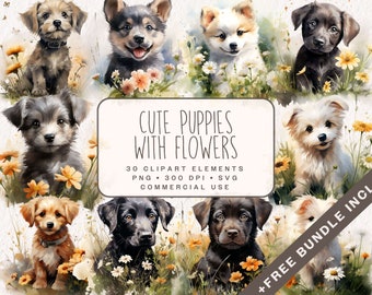 May include: A digital illustration set of 30 cute puppies with flowers. The puppies are in various poses and are surrounded by flowers. The set includes PNG and SVG files, and is for commercial use.