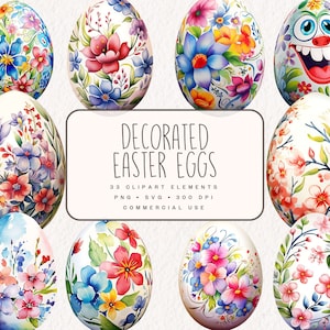 Imágenes prediseñadas de huevos de Pascua de acuarela, lindos gráficos de Pascua en PNG y SVG, ilustraciones florales de acuarela para uso comercial