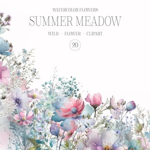 Conjunto de imágenes prediseñadas de verano floral salvaje, flores silvestres, flores silvestres de acuarela, imágenes prediseñadas florales, imágenes prediseñadas prefabricadas, imágenes prediseñadas de boda, imágenes prediseñadas de acuarela