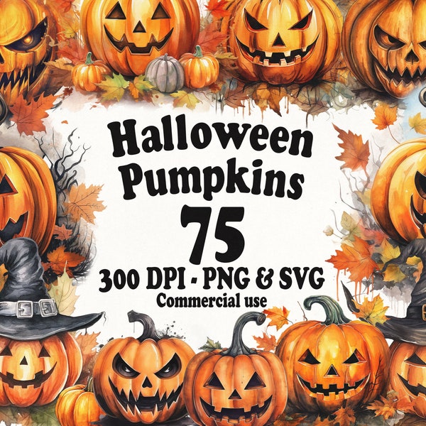 Halloween Pumpkin Watercolor Clipart, Watercolor Clipart, Jack O Lantern Halloween PNG and SVG, Spooky Halloween Scrapbook, Junk Journal