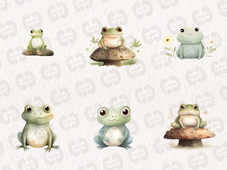 Watercolor Cute Frogs Clipart, Happy Frog Graphics in PNG and SVG, Digital Nature Illustrations for commercial use image 4
