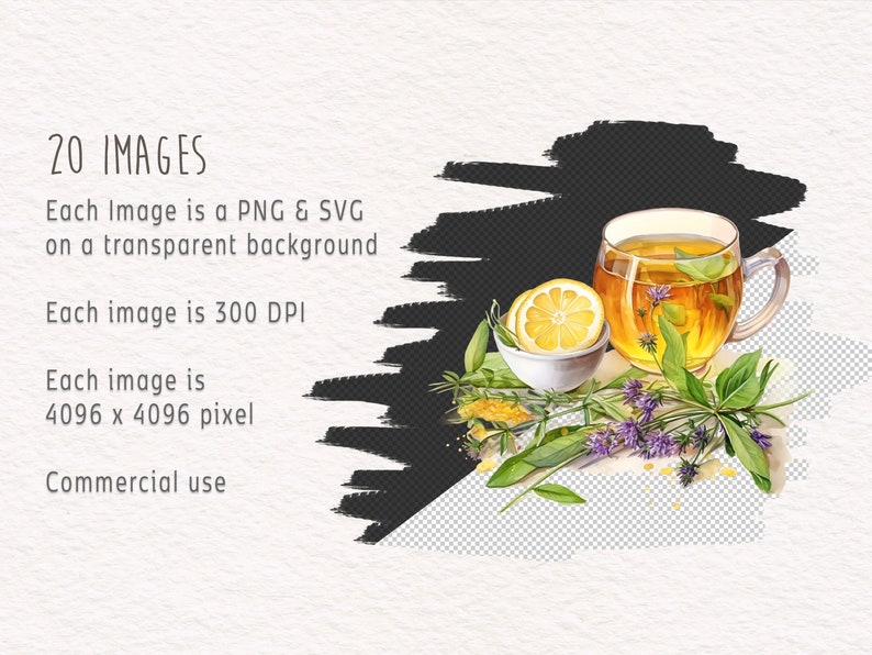 May include: A watercolor illustration of a cup of tea with lemon and herbs. The tea is in a clear glass cup with a handle. The lemon is sliced and in a small white bowl. The herbs are green and purple and are scattered around the cup and lemon. The background is transparent.