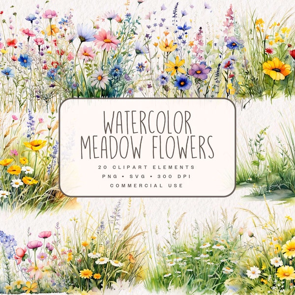 Aquarell Wiesenblumen Clipart, Blumen Clip Art Grafiken, Digitale Wildblumen Illustrationen im PNG und SVG Format für die kommerzielle Nutzung