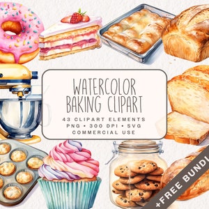 Pacote de clipart de cozimento em aquarela, gráficos de cozinha de padaria em PNG e SVG, ilustrações de comida e culinária para Junk Journal, uso comercial