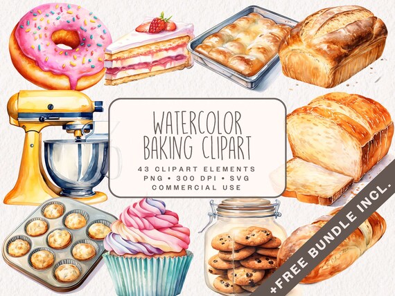 Watercolor Baking Clipart Bundle, Bakery Kitchen Graphics in PNG and SVG, Food and Cooking Illustrations for Junk Journal, Commercial Use